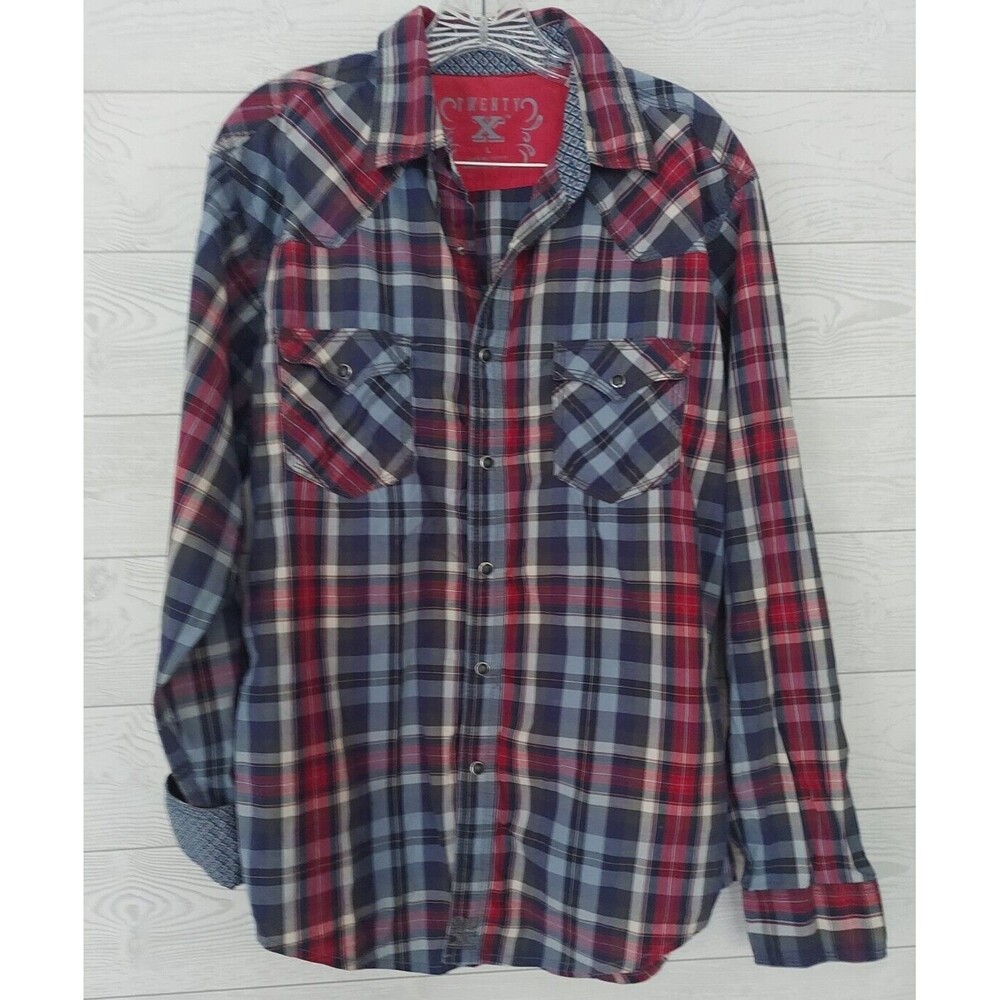 TwentyX Mens Large Red Plaid Shirt Snap Button Long Sleeve Wrangler